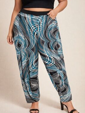 Hot Ginger 3X Abstract Print Stretch Pants Black Blue White Plus Size Y2K